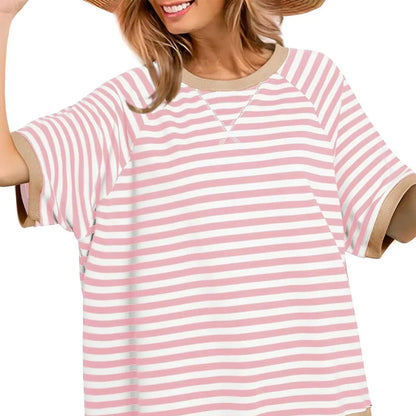 Women's Striped Oversized T-Shirt with Round Neck and Colorblock Trim