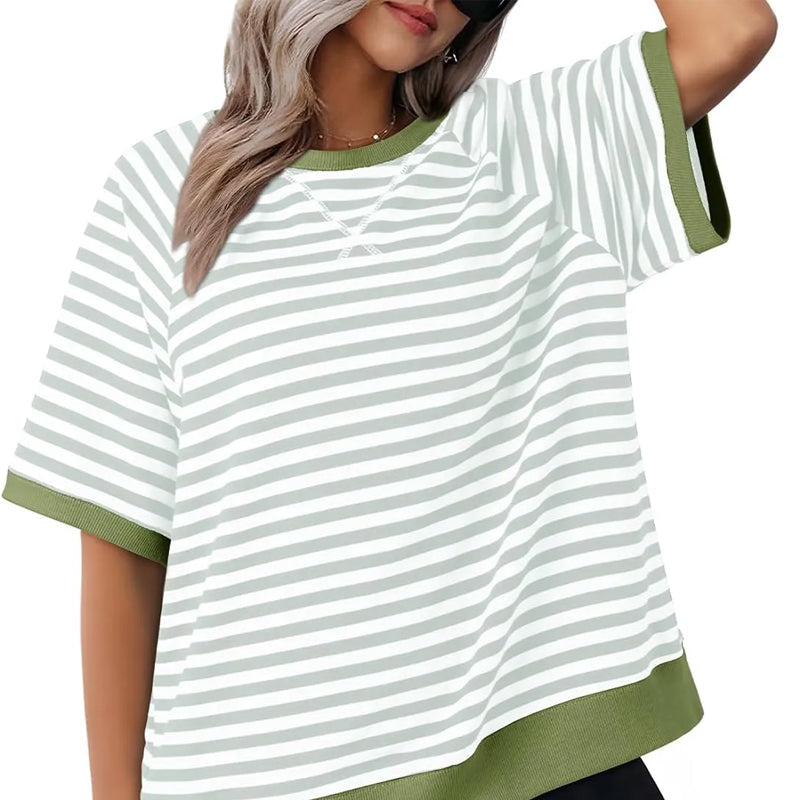 Women's Striped Oversized T-Shirt with Round Neck and Colorblock Trim