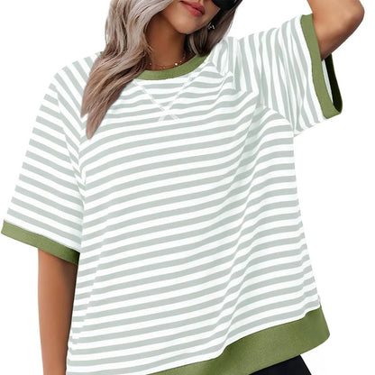 Women's Striped Oversized T-Shirt with Round Neck and Colorblock Trim