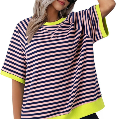 Women's Striped Oversized T-Shirt with Round Neck and Colorblock Trim