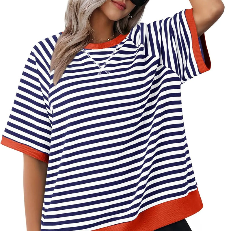 Women's Striped Oversized T-Shirt with Round Neck and Colorblock Trim