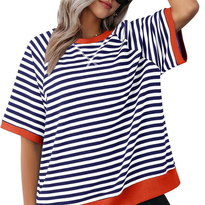 Women's Striped Oversized T-Shirt with Round Neck and Colorblock Trim