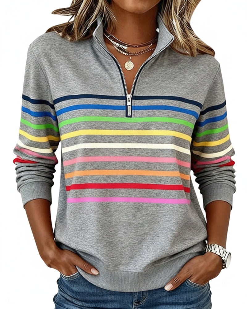 Women's Striped Sweatshirt with Quarter-Zip Stand Collar and Long Sleeves