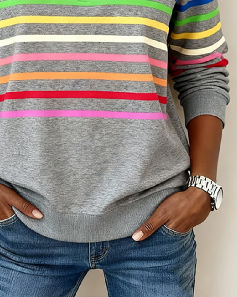 Women's Striped Sweatshirt with Quarter-Zip Stand Collar and Long Sleeves