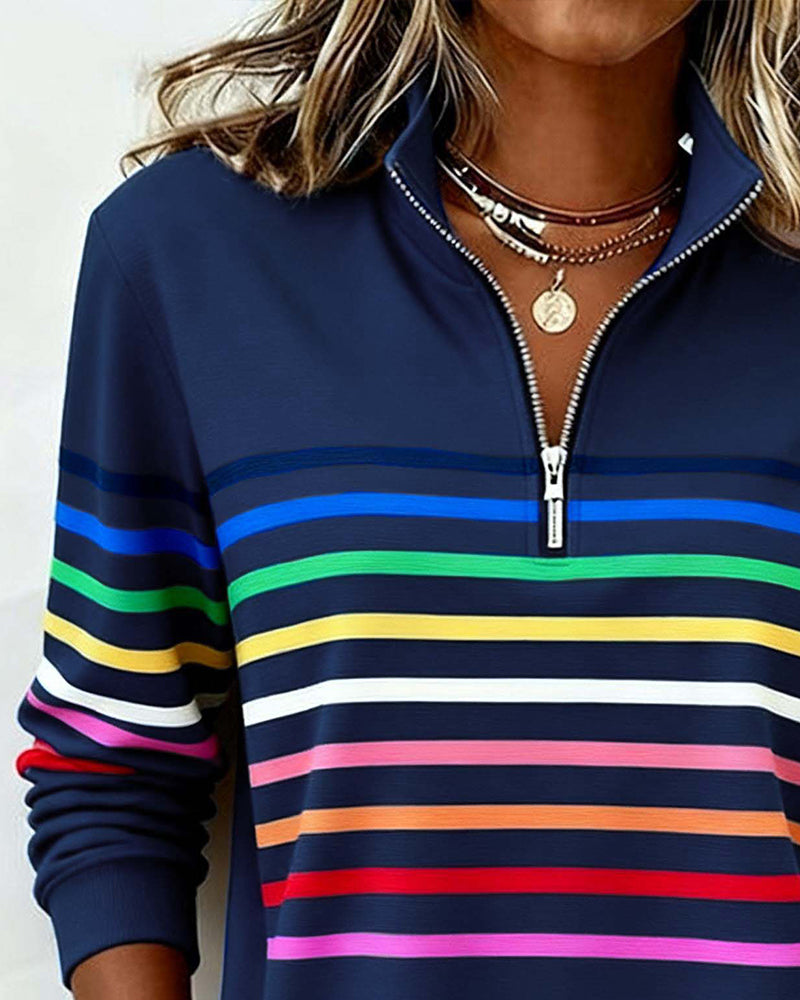 Women's Striped Sweatshirt with Quarter-Zip Stand Collar and Long Sleeves