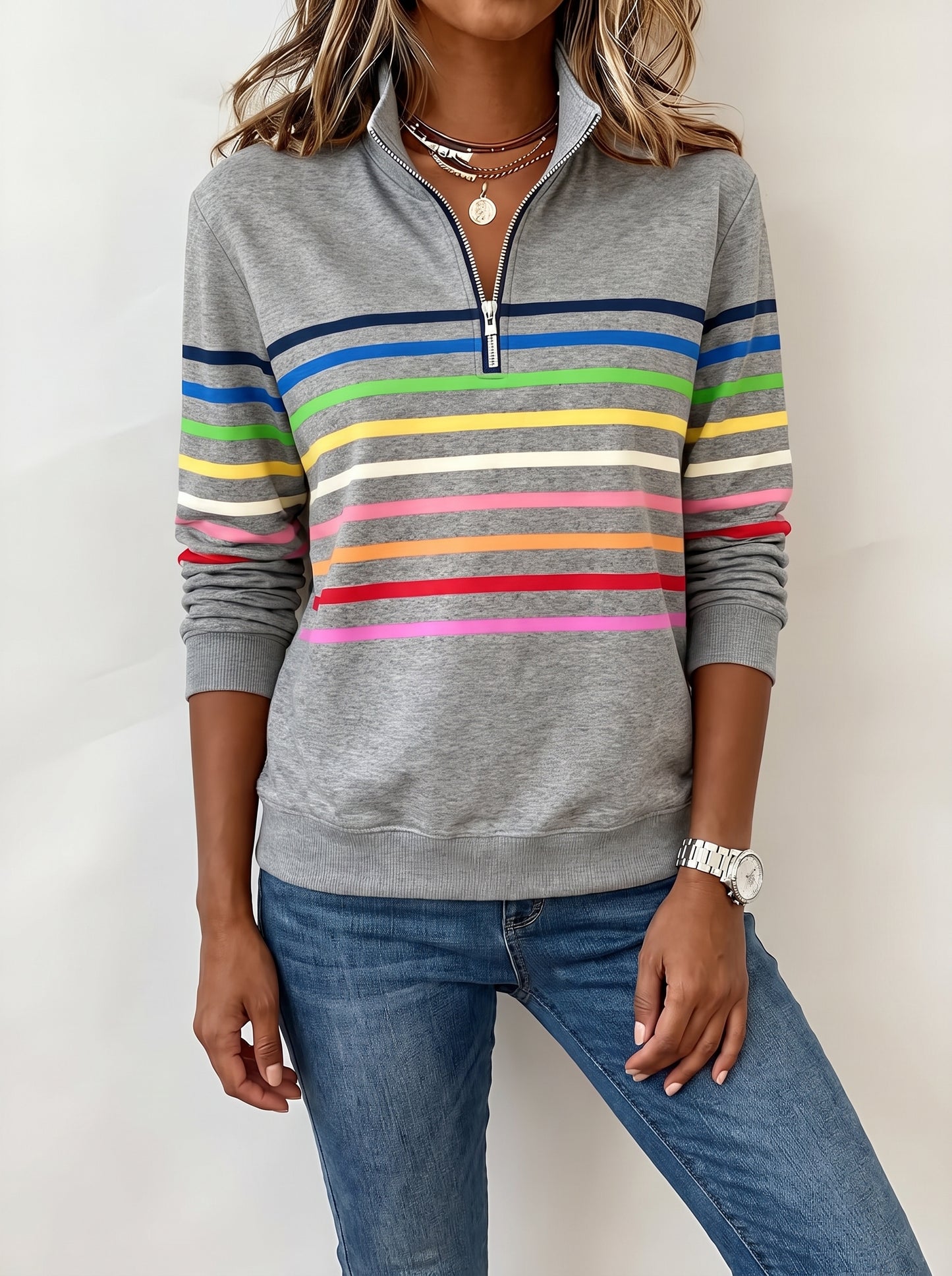 Women's Striped Sweatshirt with Quarter-Zip Stand Collar and Long Sleeves