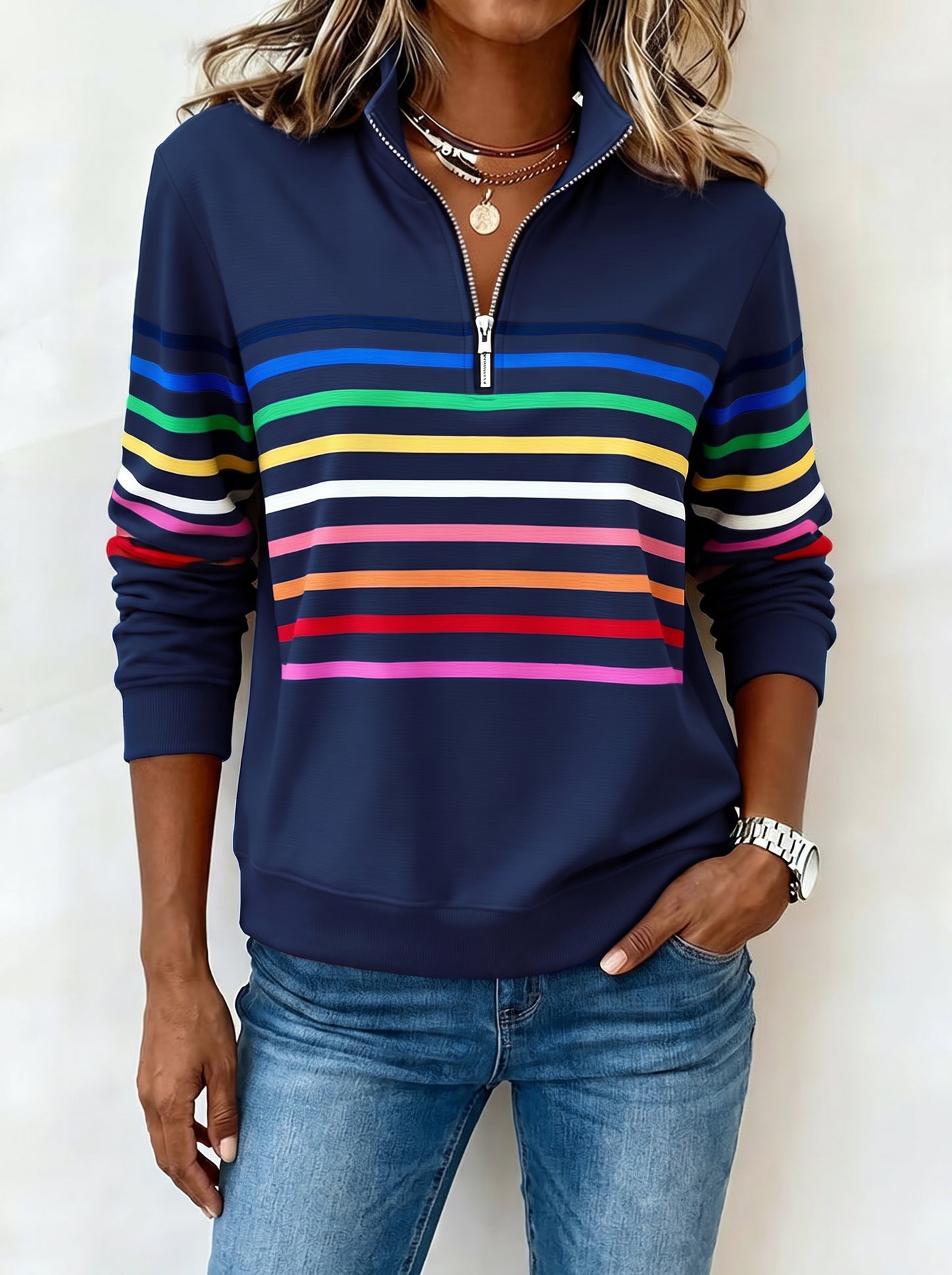 Women's Striped Sweatshirt with Quarter-Zip Stand Collar and Long Sleeves