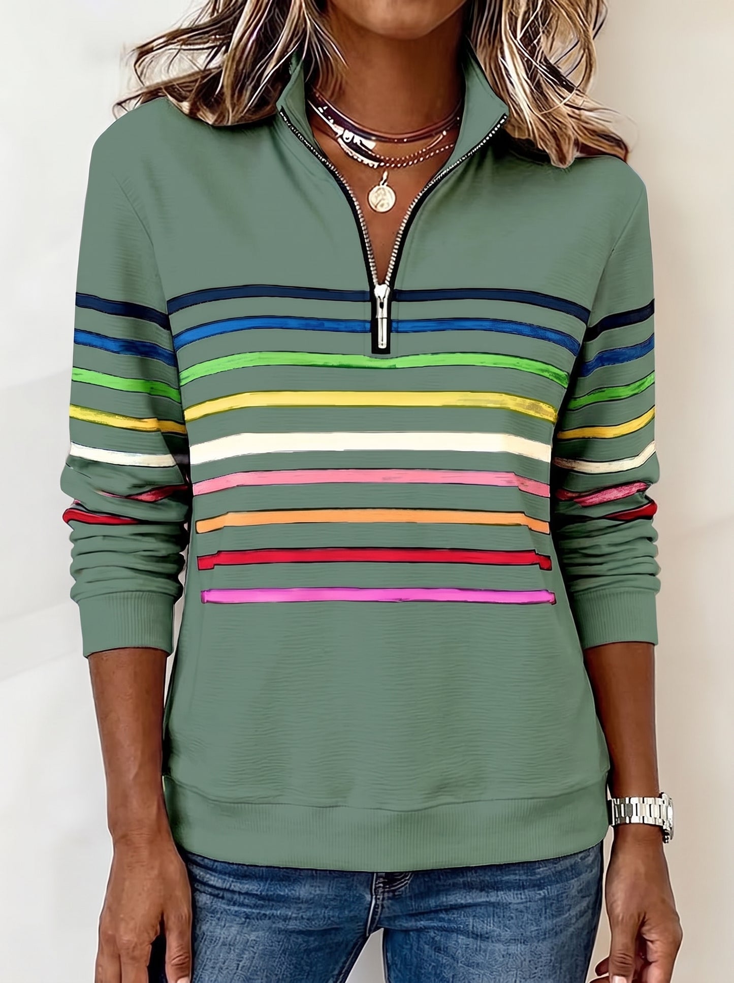 Women's Striped Sweatshirt with Quarter-Zip Stand Collar and Long Sleeves