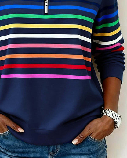 Women's Striped Sweatshirt with Quarter-Zip Stand Collar and Long Sleeves