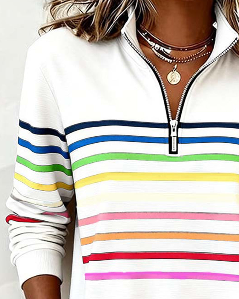 Women's Striped Sweatshirt with Quarter-Zip Stand Collar and Long Sleeves