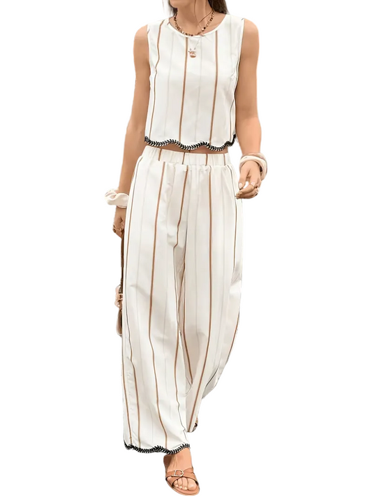 Women's Striped Two-Piece Set with Embroidered Trim