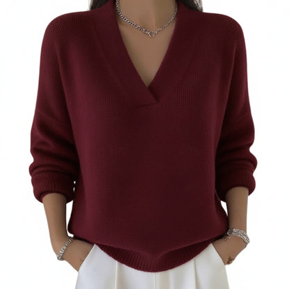 Women's Sweater with V-Neck and Long Sleeves Relaxed Fit