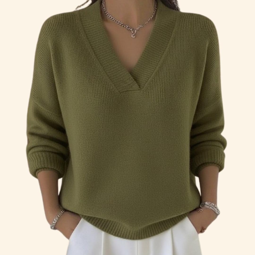 Women's Sweater with V-Neck and Long Sleeves Relaxed Fit