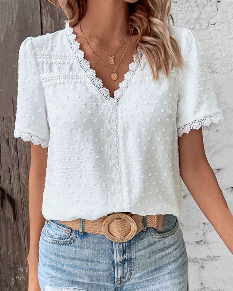 Women's Swiss Dot Blouse with V-Neck, Lace Trim and Short Puff Sleeves