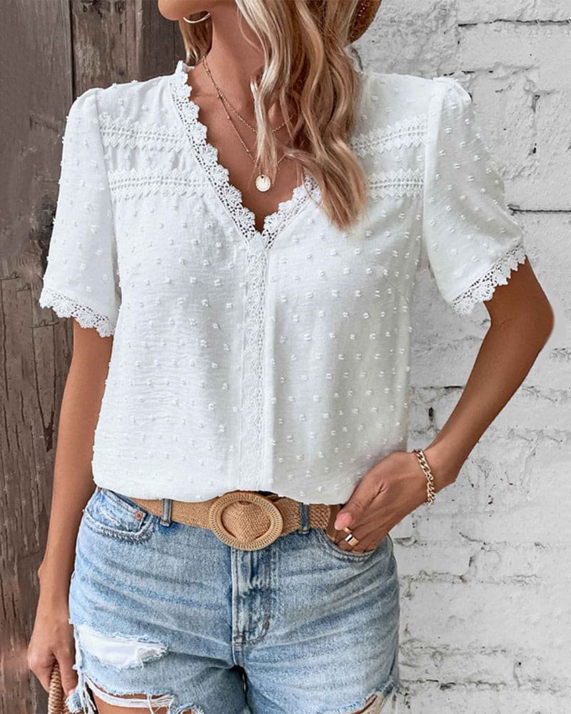 Women's Swiss Dot Blouse with V-Neck, Lace Trim and Short Puff Sleeves