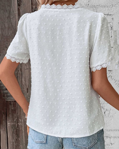 Women's Swiss Dot Blouse with V-Neck, Lace Trim and Short Puff Sleeves