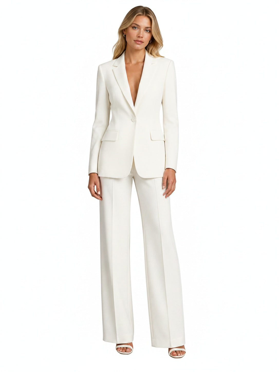 Women's Tailored Blazer and Wide-Leg Trousers Two-Piece Suit Set with Notched Lapel