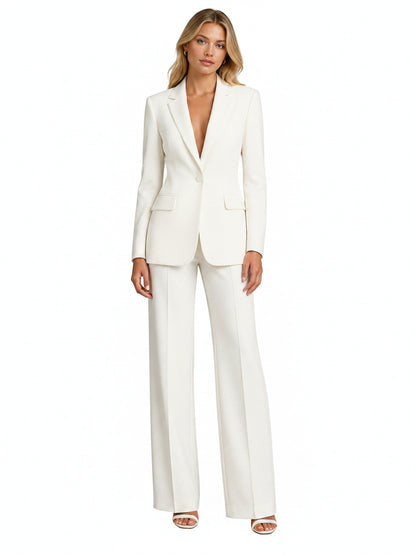 Women's Tailored Blazer and Wide-Leg Trousers Two-Piece Suit Set with Notched Lapel