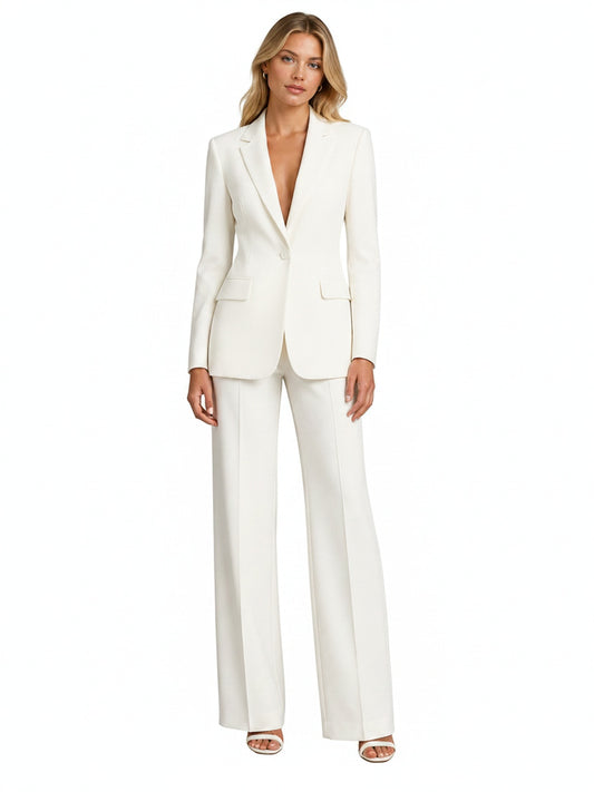 Women's Tailored Blazer and Wide-Leg Trousers Two-Piece Suit Set with Notched Lapel