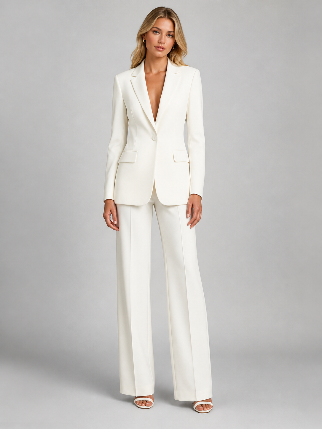 Women's Tailored Blazer and Wide-Leg Trousers Two-Piece Suit Set with Notched Lapel