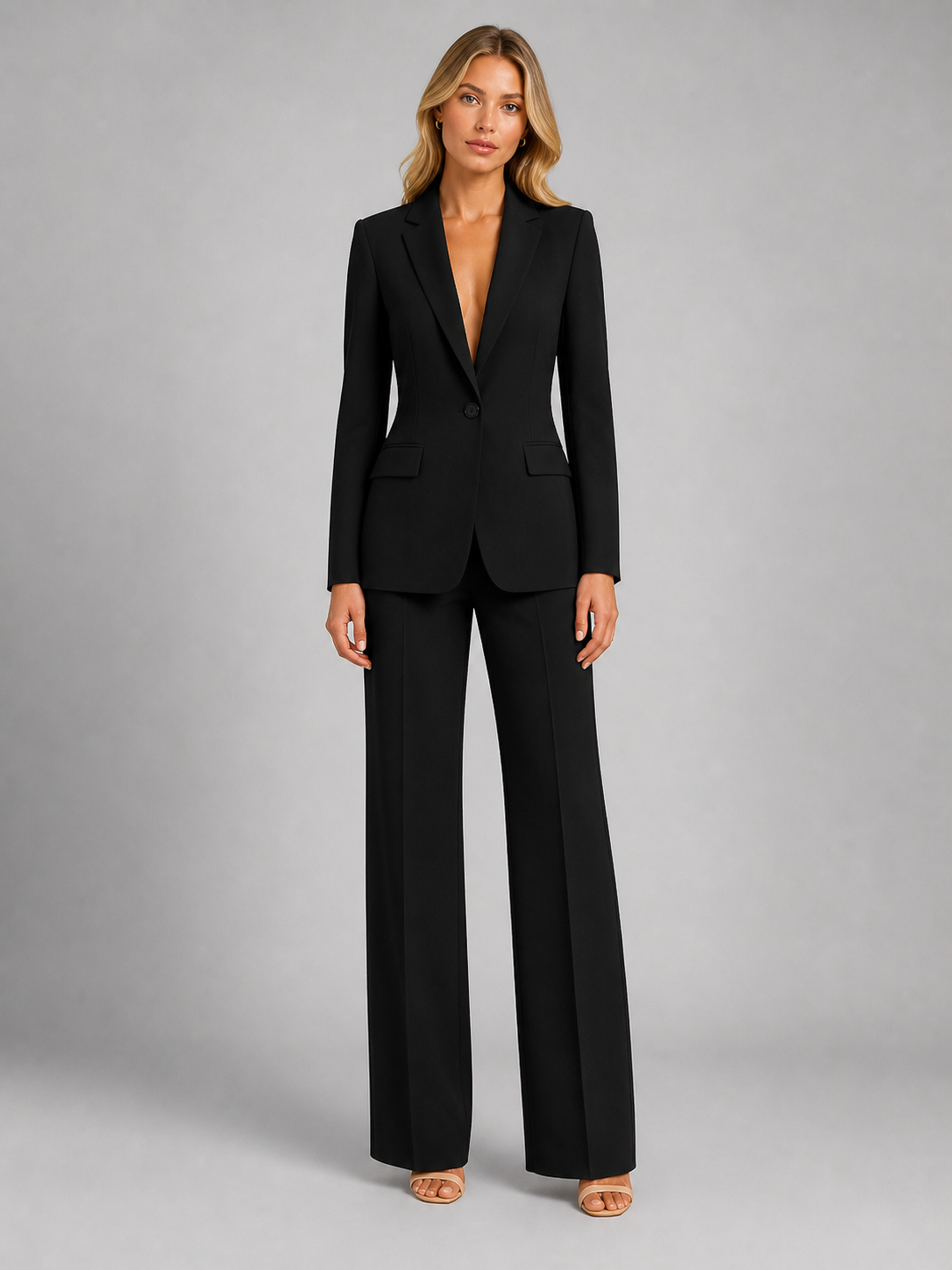 Women's Tailored Blazer and Wide-Leg Trousers Two-Piece Suit Set with Notched Lapel