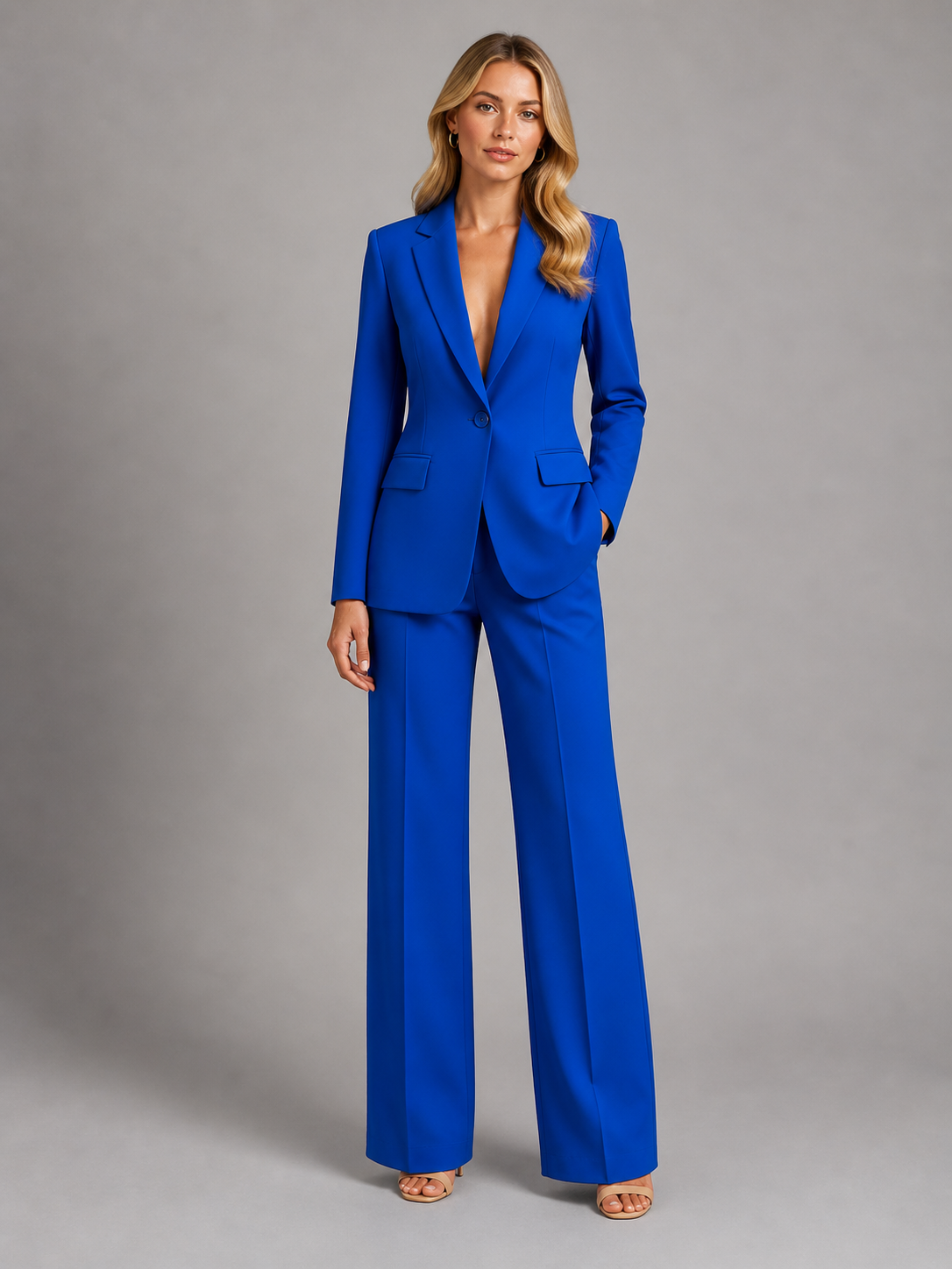 Women's Tailored Blazer and Wide-Leg Trousers Two-Piece Suit Set with Notched Lapel