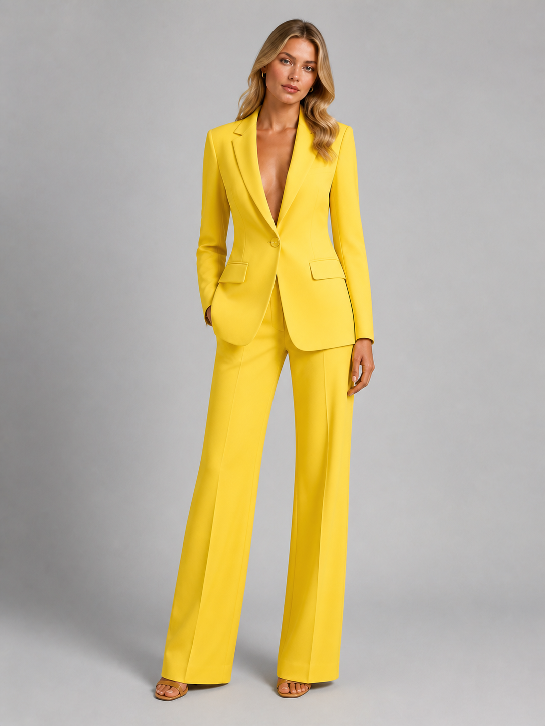 Women's Tailored Blazer and Wide-Leg Trousers Two-Piece Suit Set with Notched Lapel