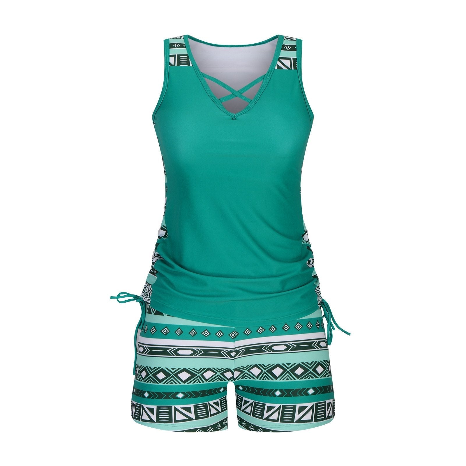Women's Tankini Set with Built-In Bra, Aztec Print with Shorts