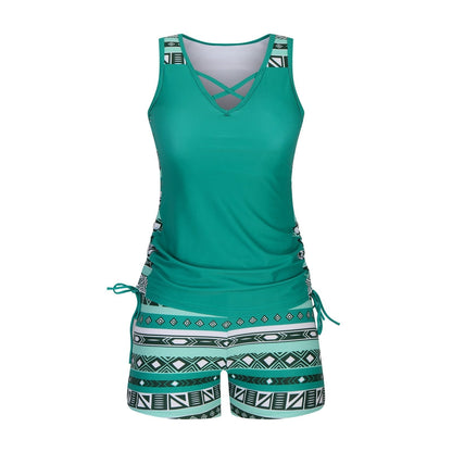 Women's Tankini Set with Built-In Bra, Aztec Print with Shorts