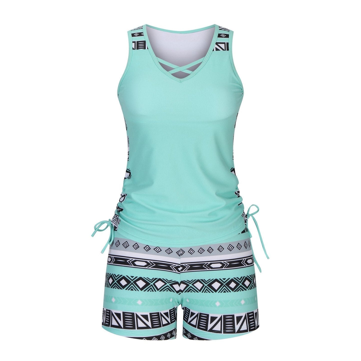 Women's Tankini Set with Built-In Bra, Aztec Print with Shorts