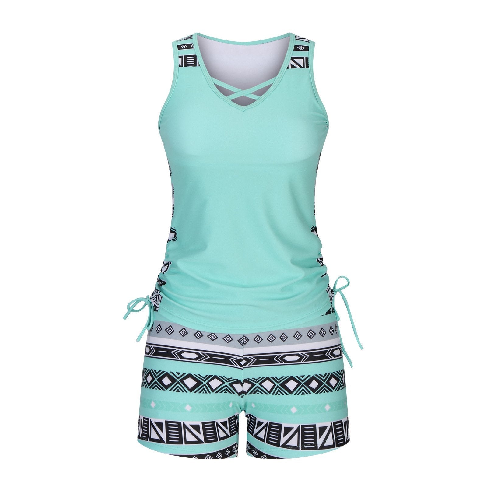 Women's Tankini Set with Built-In Bra, Aztec Print with Shorts