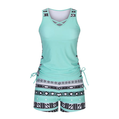 Women's Tankini Set with Built-In Bra, Aztec Print with Shorts