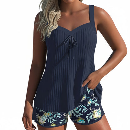 Women's Tankini Set with Shorts, Sweetheart Neckline and Tropical Print