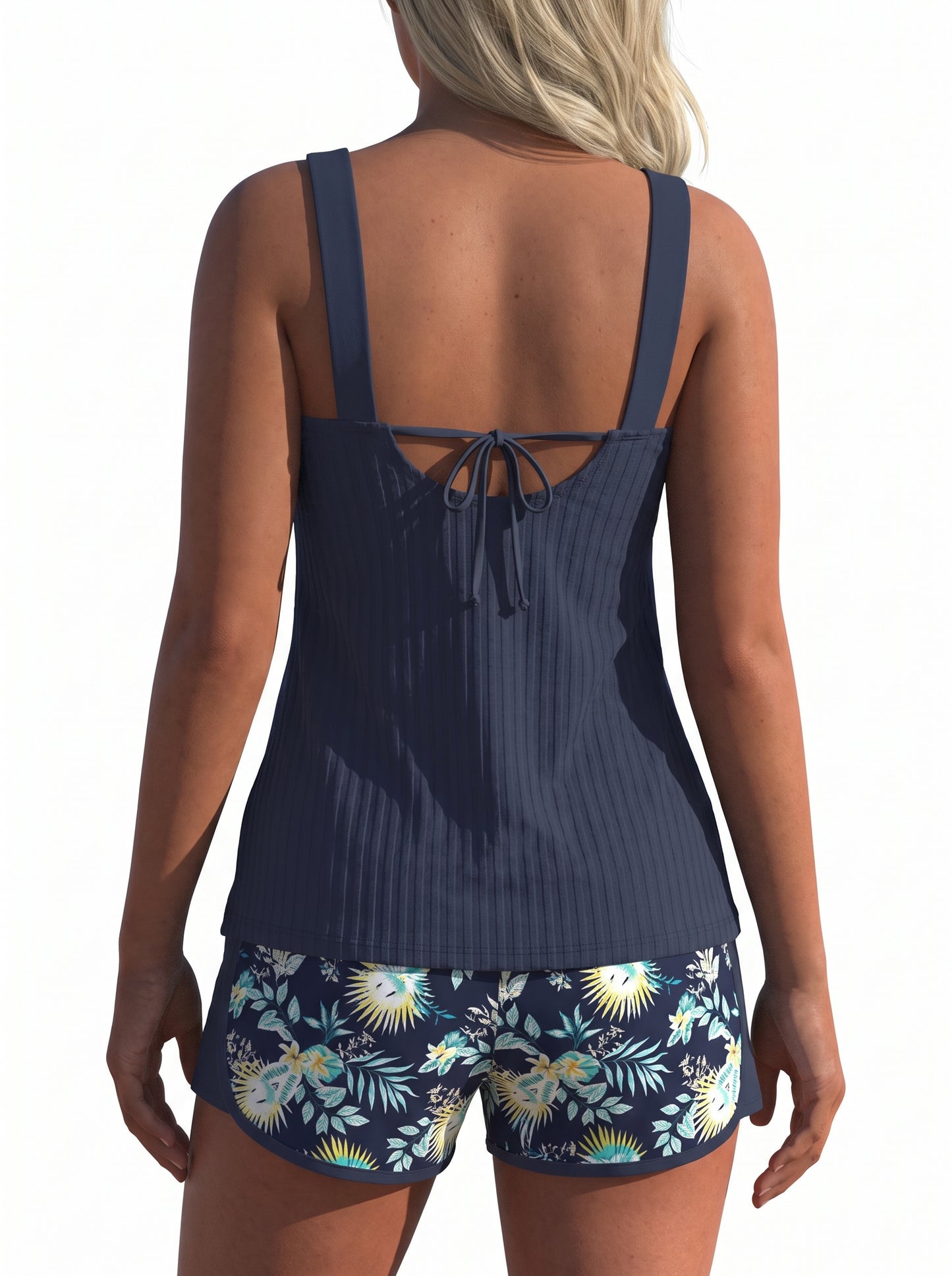 Women's Tankini Set with Shorts, Sweetheart Neckline and Tropical Print