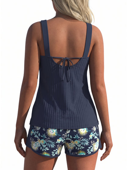 Women's Tankini Set with Shorts, Sweetheart Neckline and Tropical Print