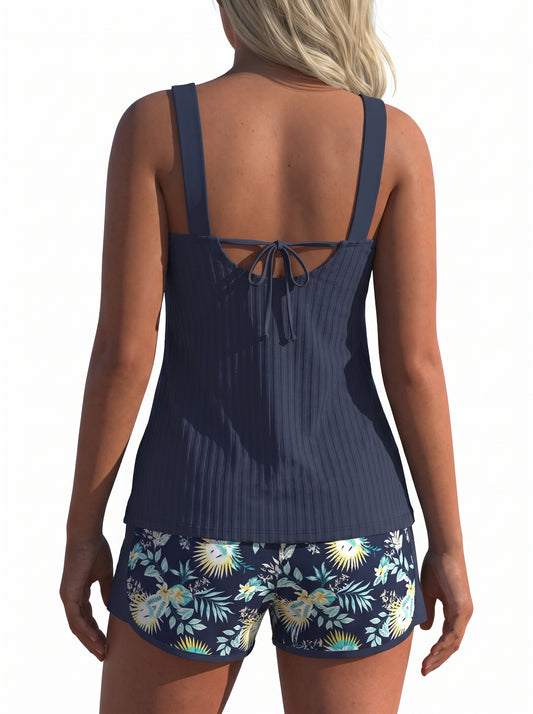 Women's Tankini Set with Shorts, Sweetheart Neckline and Tropical Print