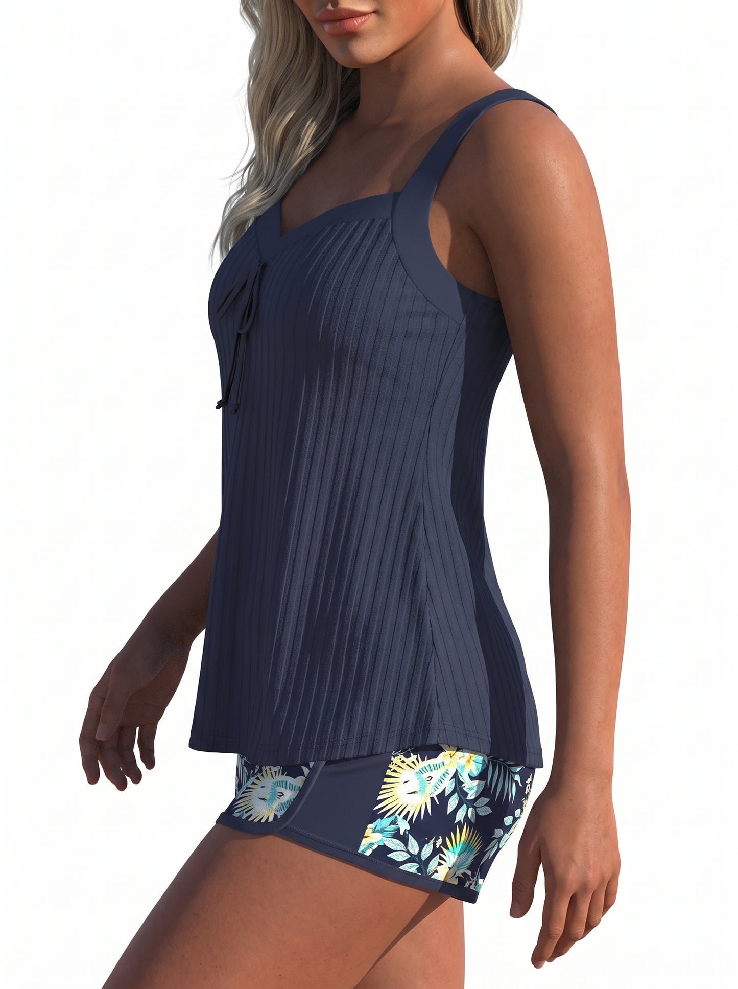 Women's Tankini Set with Shorts, Sweetheart Neckline and Tropical Print