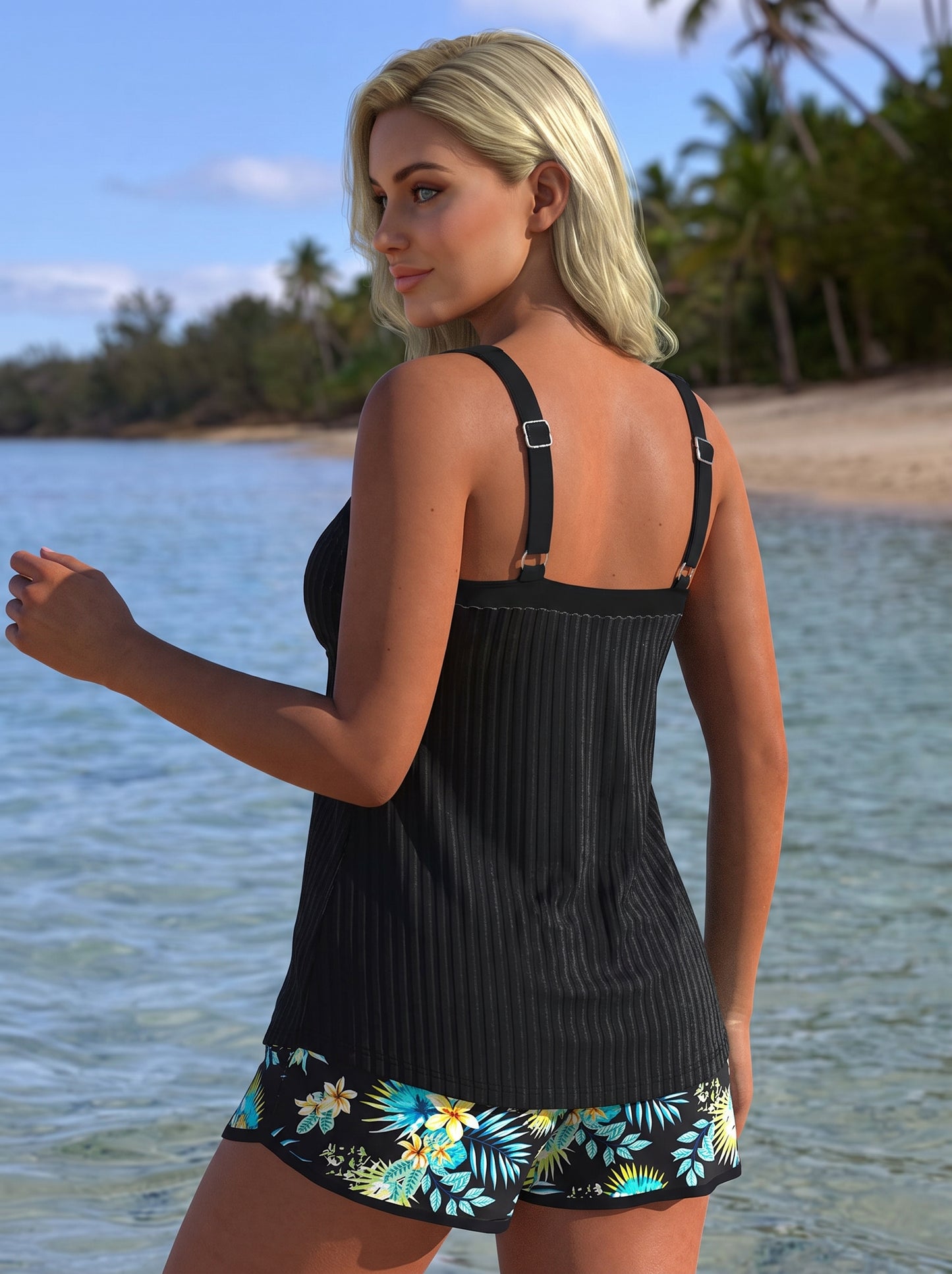 Women's Tankini Set with Shorts, Sweetheart Neckline and Tropical Print