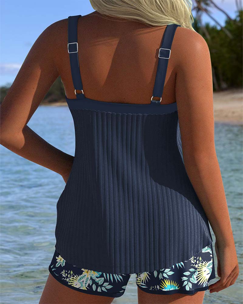 Women's Tankini Set with Shorts, Sweetheart Neckline and Tropical Print