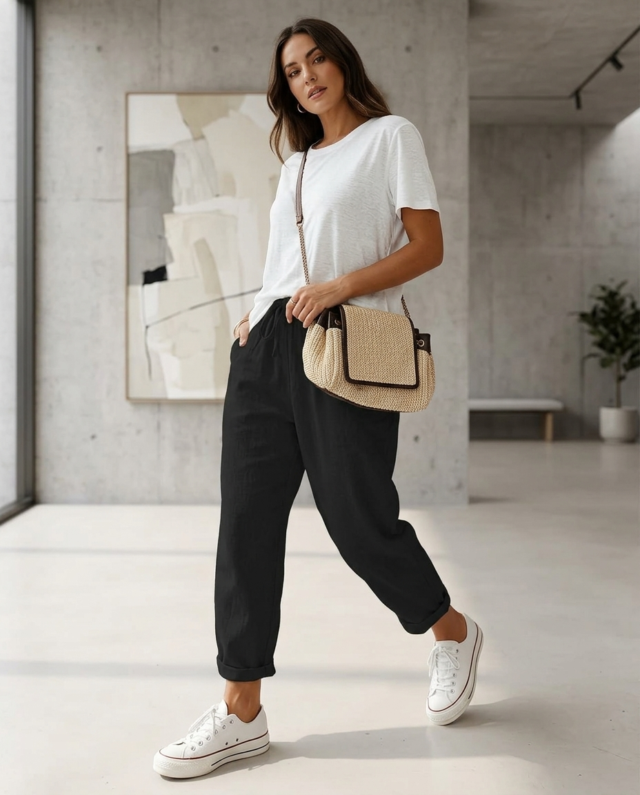Women's Tapered Lounge Pants with Drawstring Waist and Side Pockets