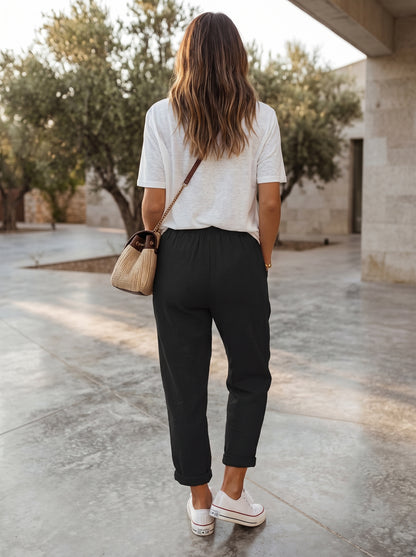 Women's Tapered Lounge Pants with Drawstring Waist and Side Pockets