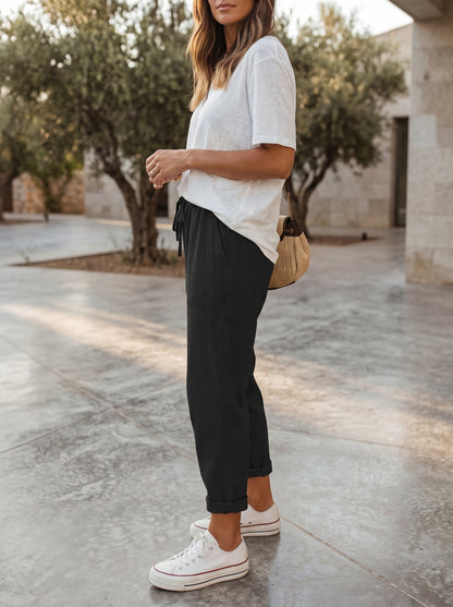 Women's Tapered Lounge Pants with Drawstring Waist and Side Pockets