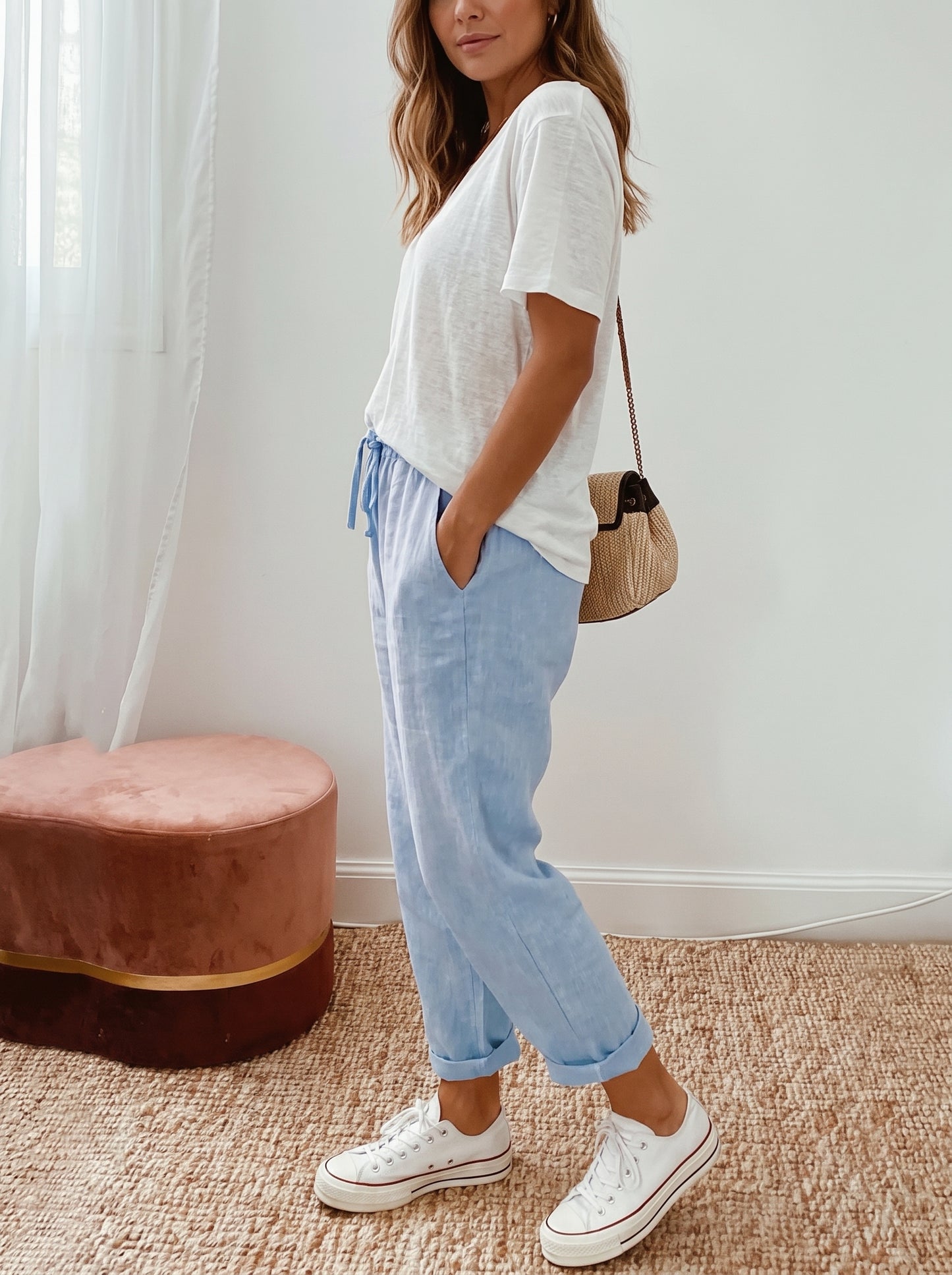 Women's Tapered Lounge Pants with Drawstring Waist and Side Pockets