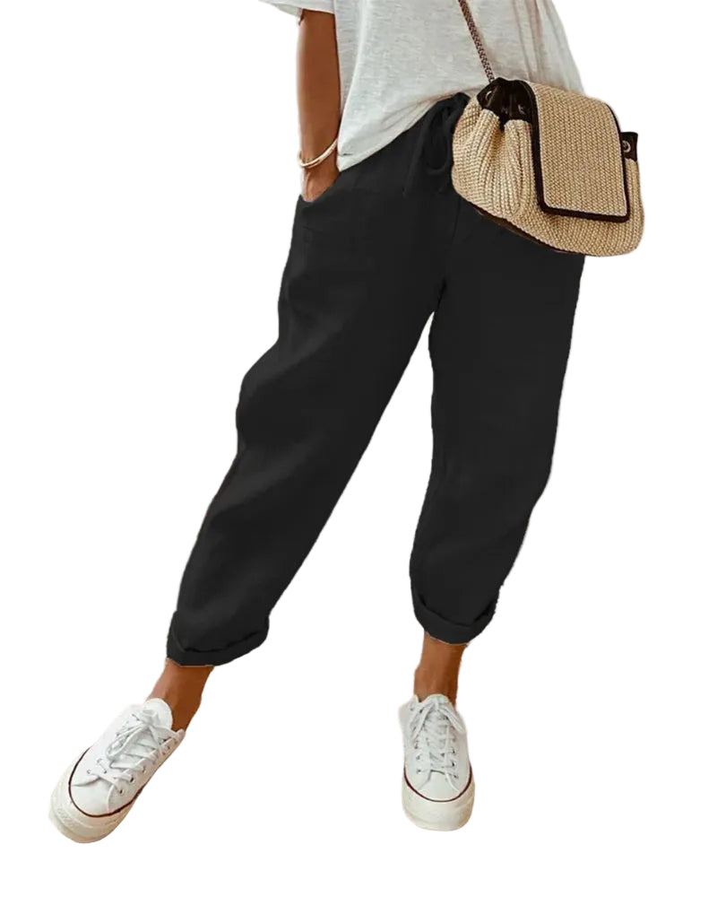 Women's Tapered Lounge Pants with Drawstring Waist and Side Pockets