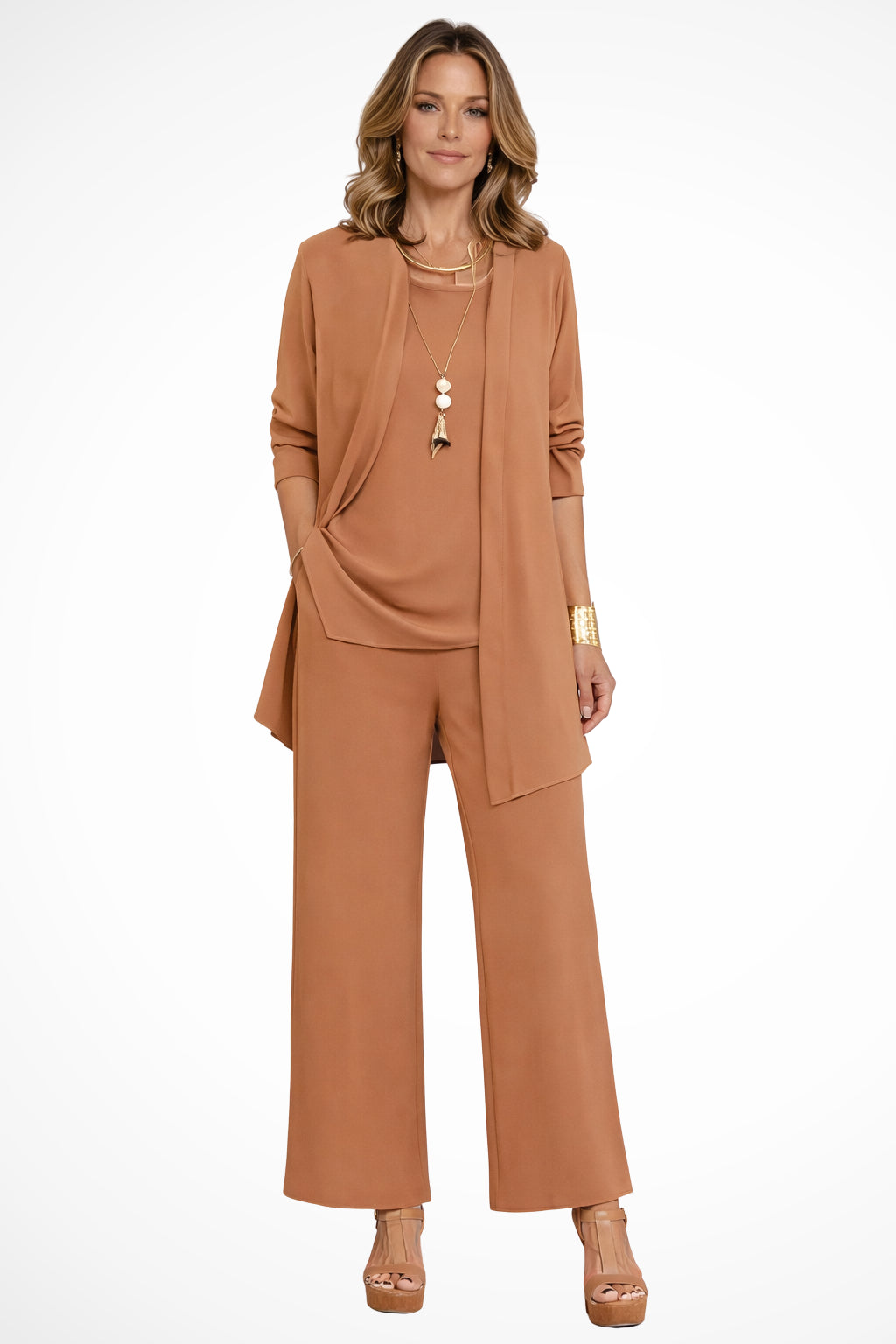 Women's Three-Piece Clothing Set with Open Cardigan, Tank Top and Wide-Leg Trousers