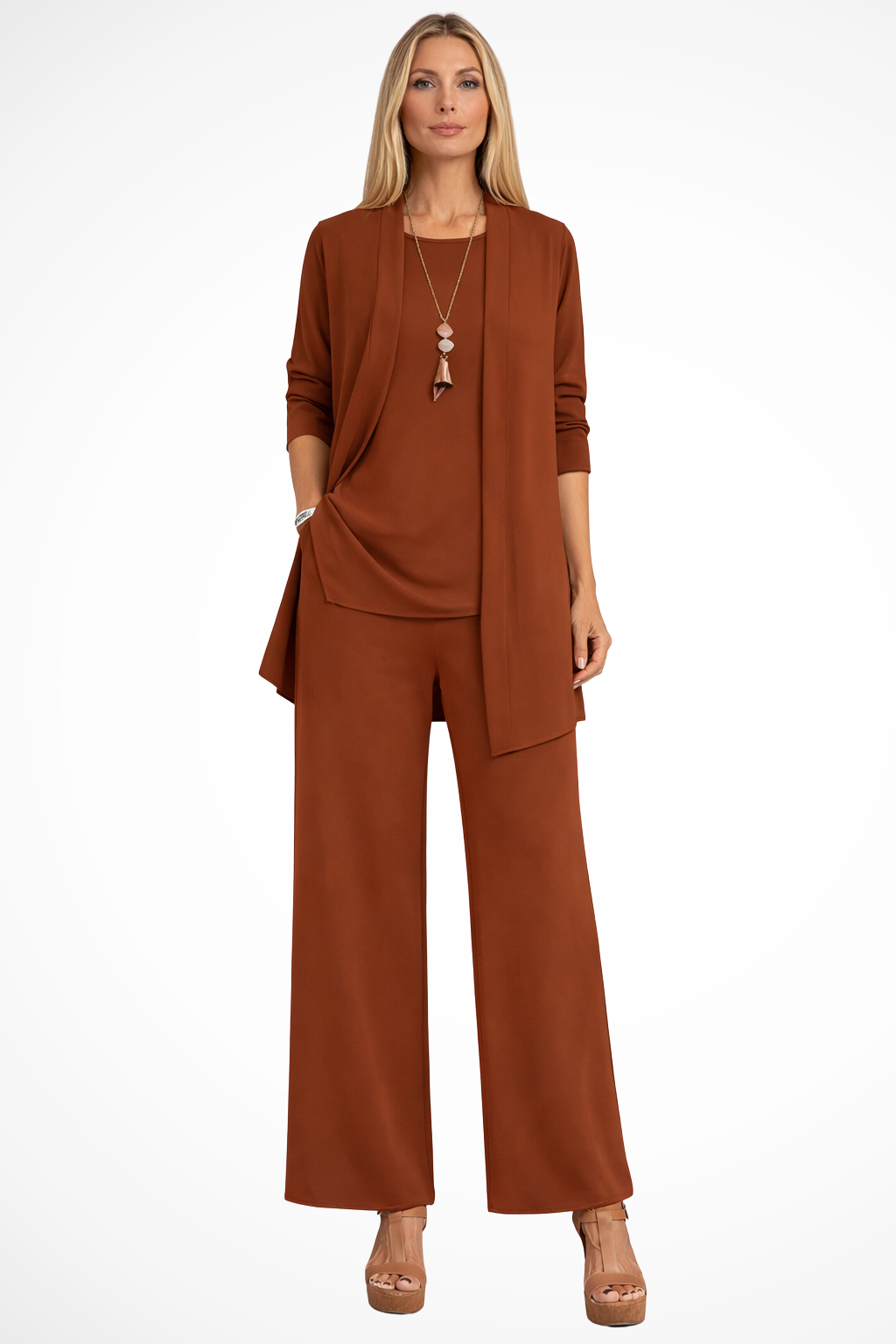 Women's Three-Piece Clothing Set with Open Cardigan, Tank Top and Wide-Leg Trousers