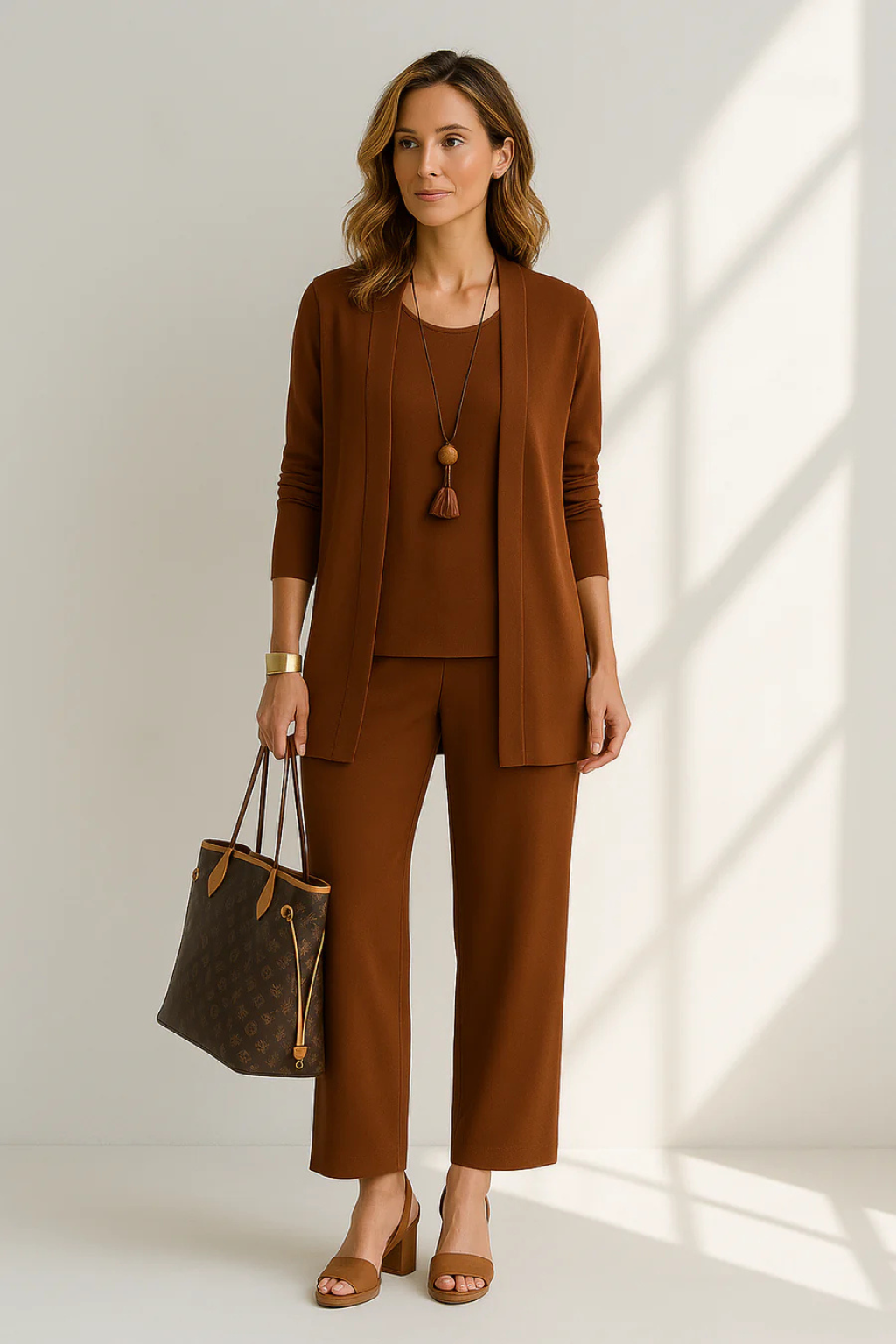 Women's Three-Piece Clothing Set with Open Cardigan, Tank Top and Wide-Leg Trousers
