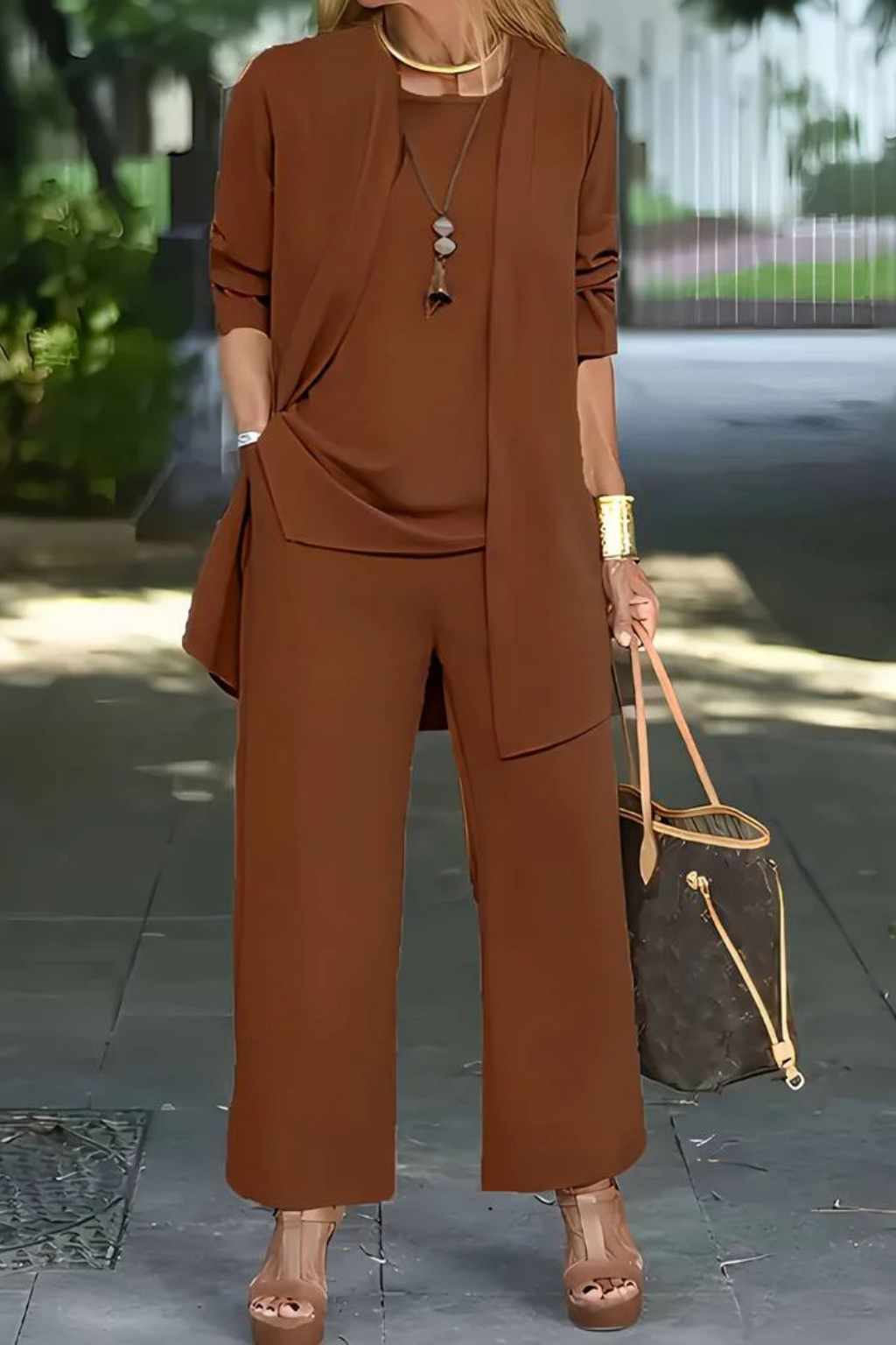 Women's Three-Piece Clothing Set with Open Cardigan, Tank Top and Wide-Leg Trousers