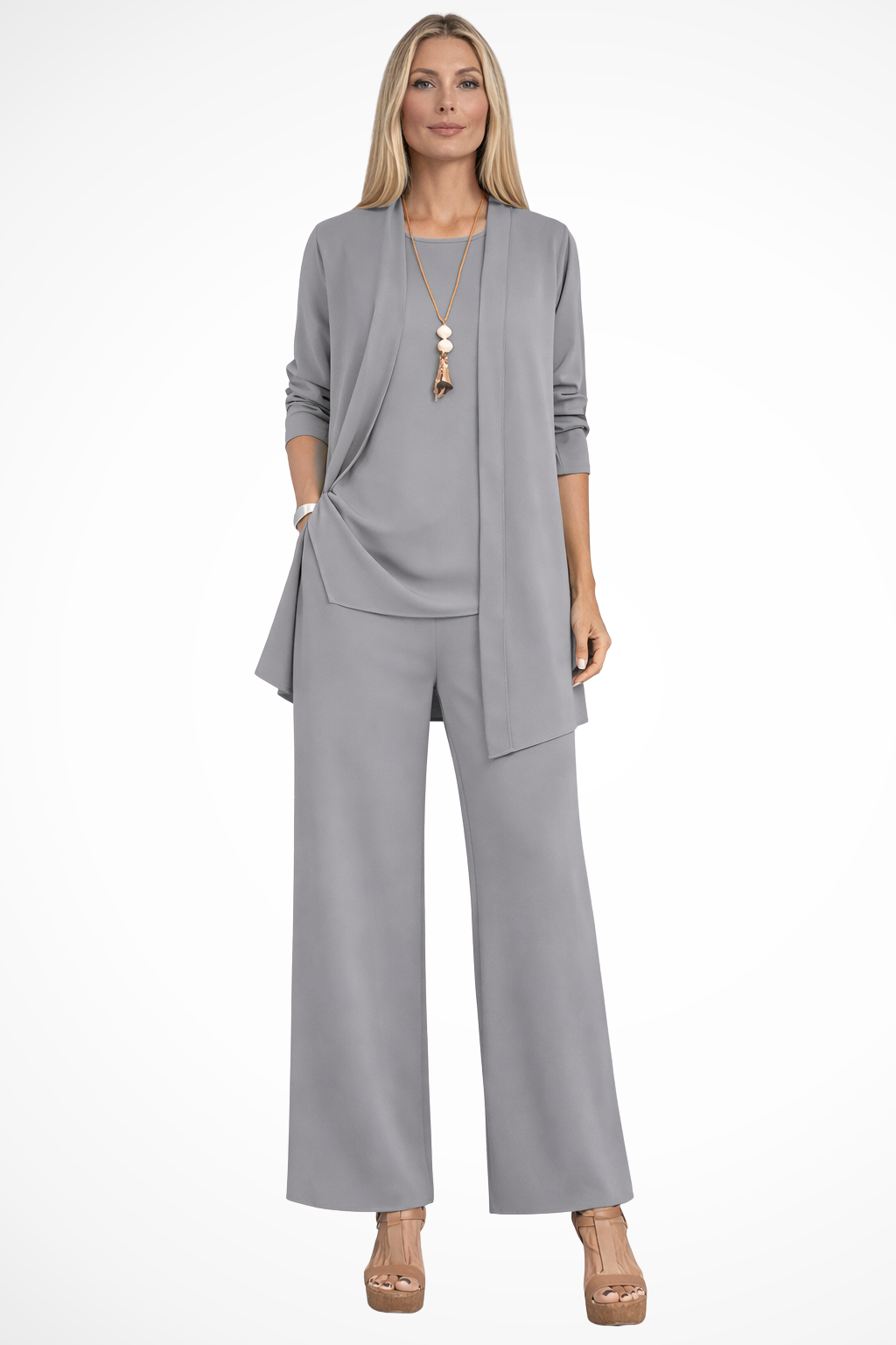 Women's Three-Piece Clothing Set with Open Cardigan, Tank Top and Wide-Leg Trousers