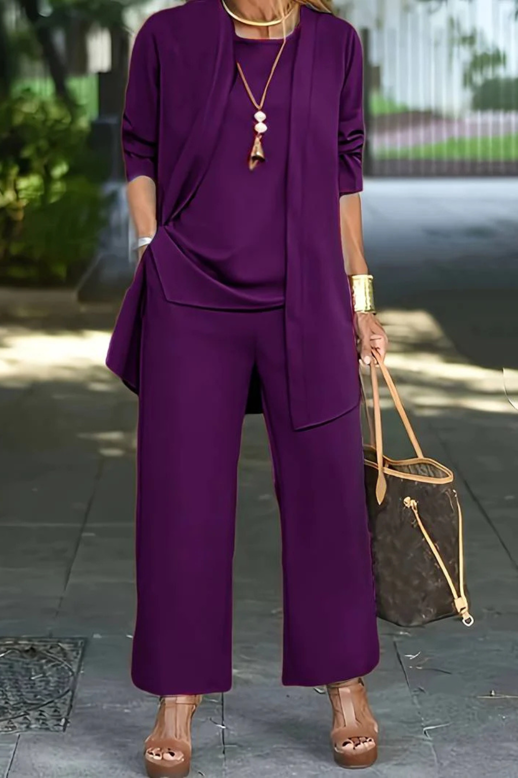 Women's Three-Piece Clothing Set with Open Cardigan, Tank Top and Wide-Leg Trousers